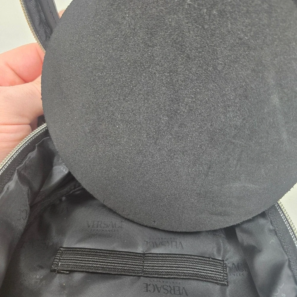 Versace Fragrances Black Round Vanity Cosmetic Case Gold Logo Mirror Travel Bag